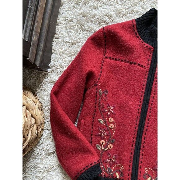 Planet Earth Designs Sweater Zip Up Red Floral Wool Small - Picture 3 of 10